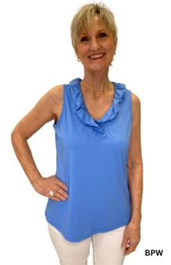 Solid Ruffle Neck Sleeveless Top -Skechers Store 27232 BPW l