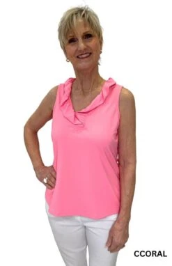 Solid Ruffle Neck Sleeveless Top -Skechers Store 27232 CRCL l