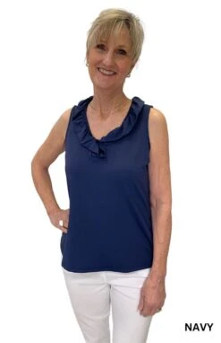 Solid Ruffle Neck Sleeveless Top -Skechers Store 27232 NVY l