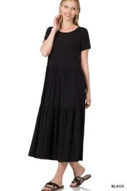 Short Sleeve Tiered Midi Dress 8 Short Sleeve Tiered Midi Dress -Skechers Store 31010 BLK l