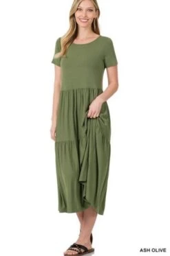 Short Sleeve Tiered Midi Dress