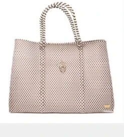 White Gold Checkered Tote With Clutch