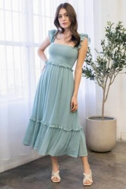 Flutter Sleeve Smocked Midi Dress -Skechers Store 32408 DUSTYMINT l