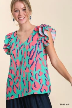 Abstract Print V Neck Top